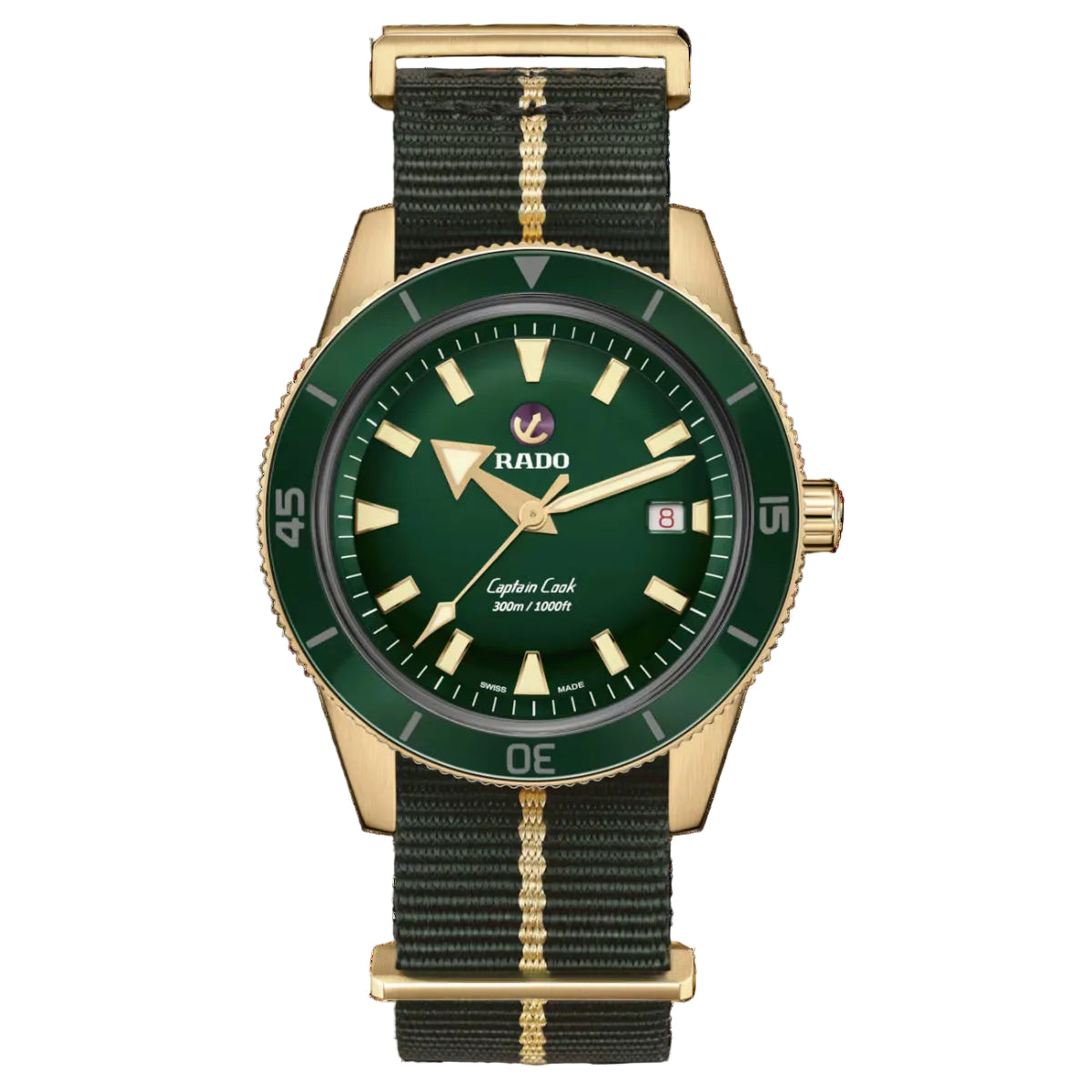 Green and gold watch with Rado brand on a black background
