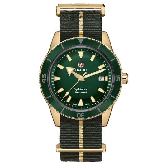 Green and gold watch with Rado brand on a black background