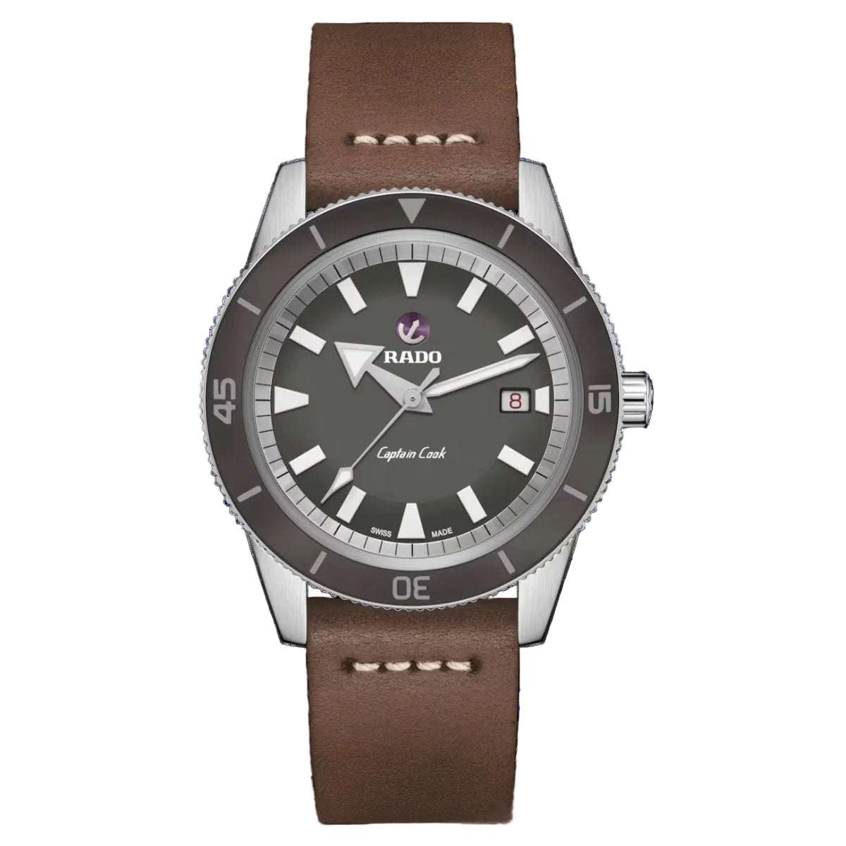 Rado watch with brown leather strap on a white background