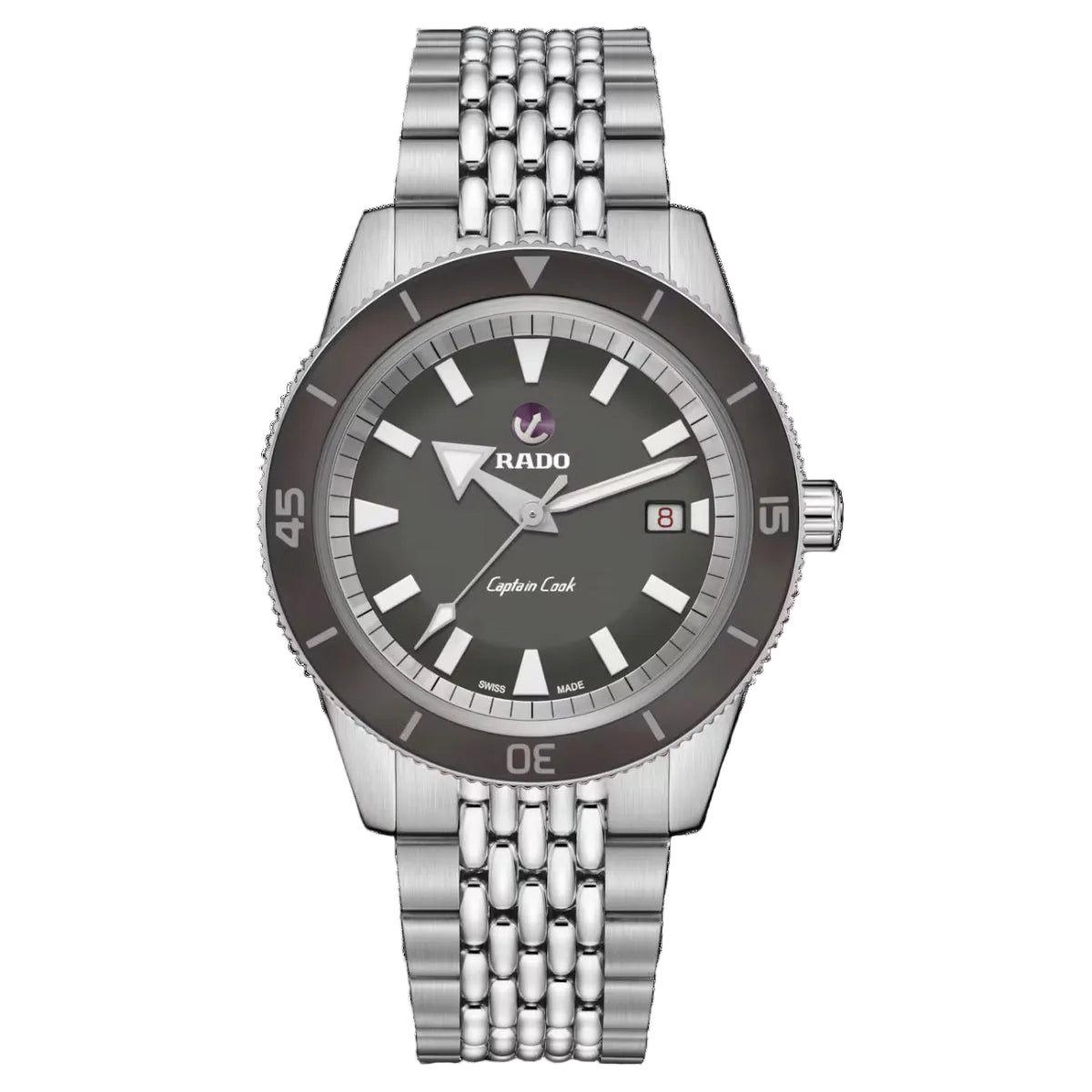 Silver Rado watch with a black dial on a white background
