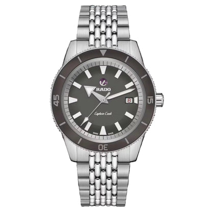 Silver Rado watch with a black dial on a white background