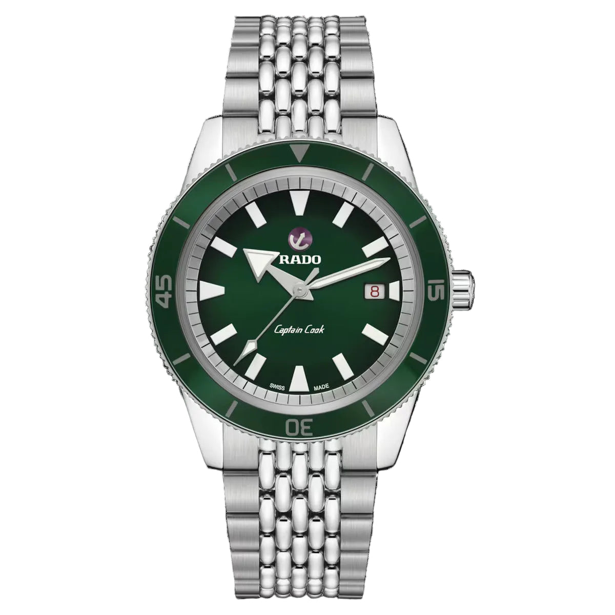 Rado watch with green dial and silver metal bracelet on a white background