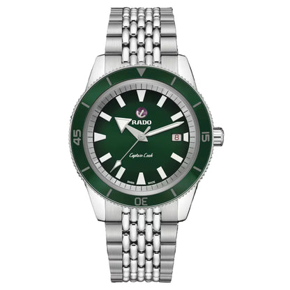 Rado watch with green dial and silver metal bracelet on a white background