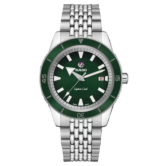 Rado watch with green dial and silver metal bracelet on a white background