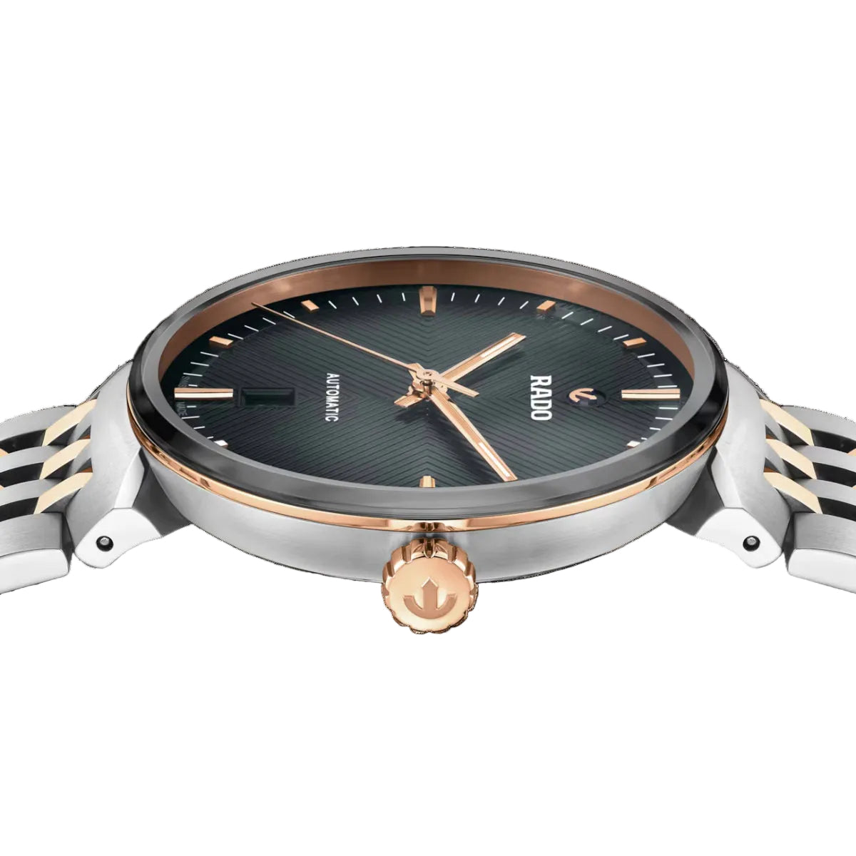Watch with black dial, rose gold accents, and silver metal strap on a black background