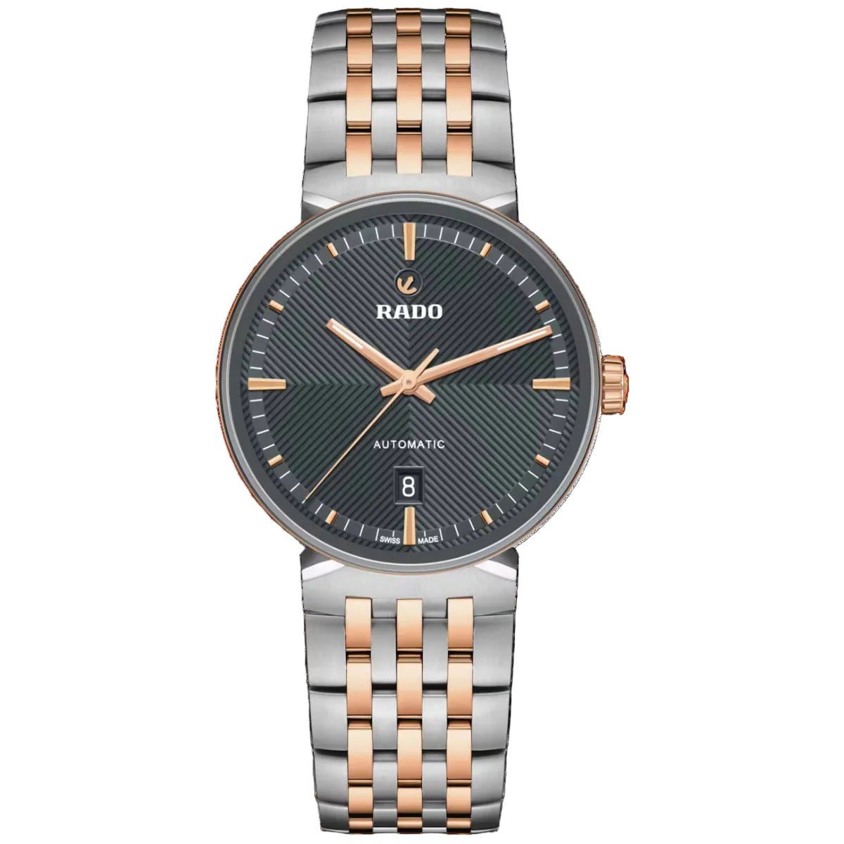 Rado watch with silver and rose gold band on a black background