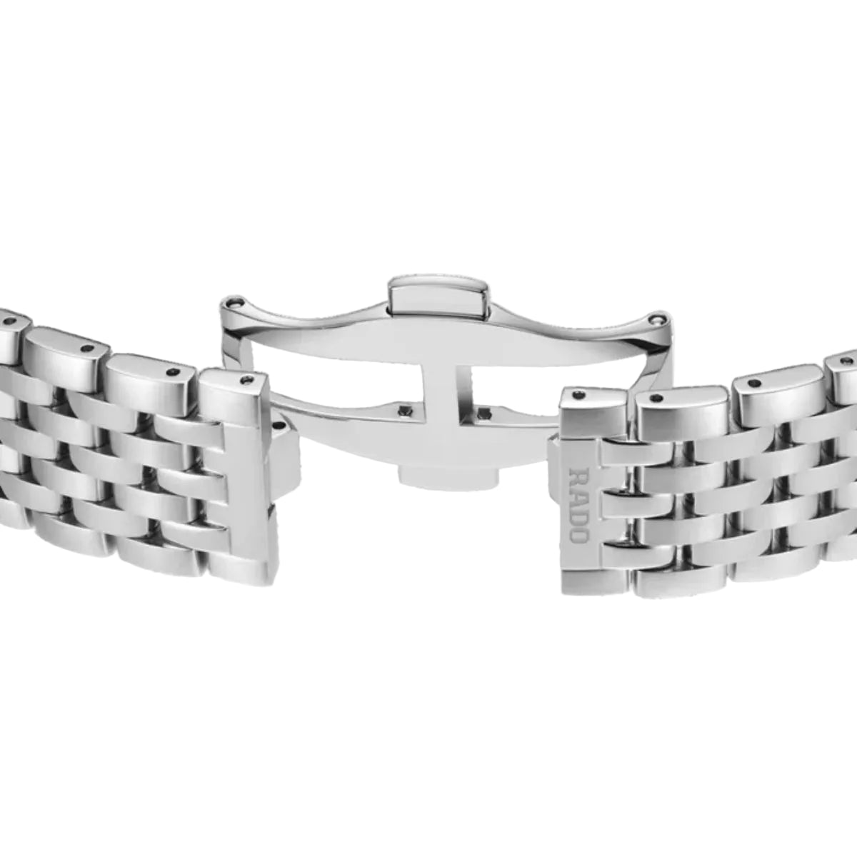 Silver watch bracelet with woven design on a white background