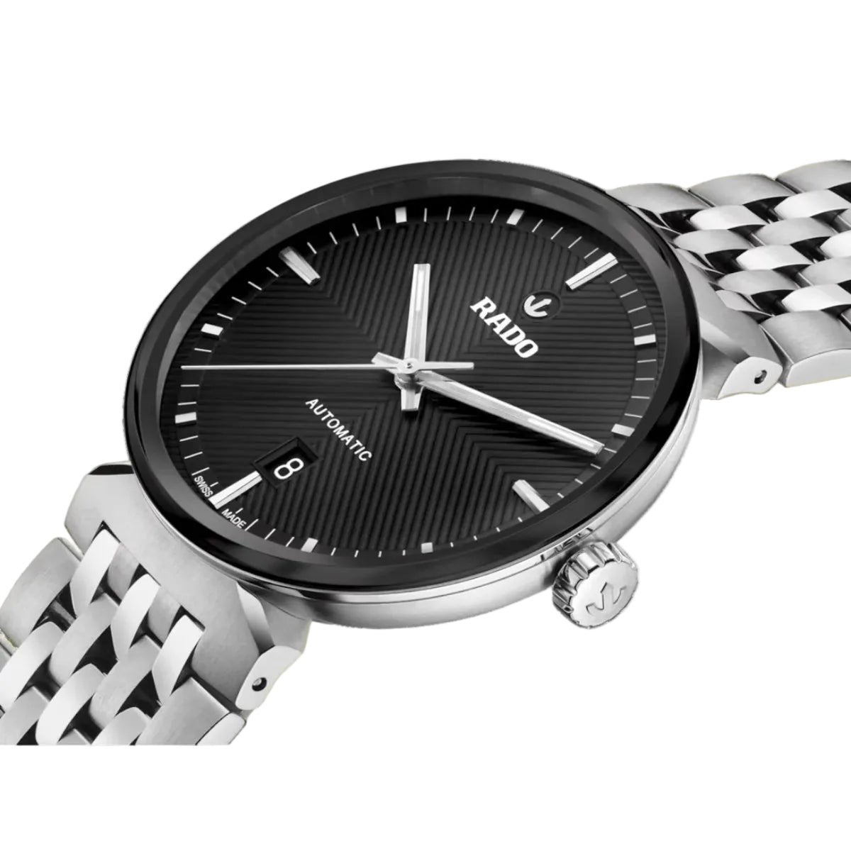 Rado watch with black dial and silver metal strap on a white background