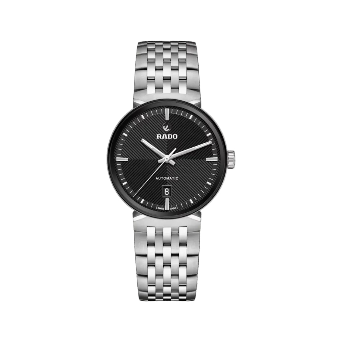 Silver Rado watch with black dial on a white background