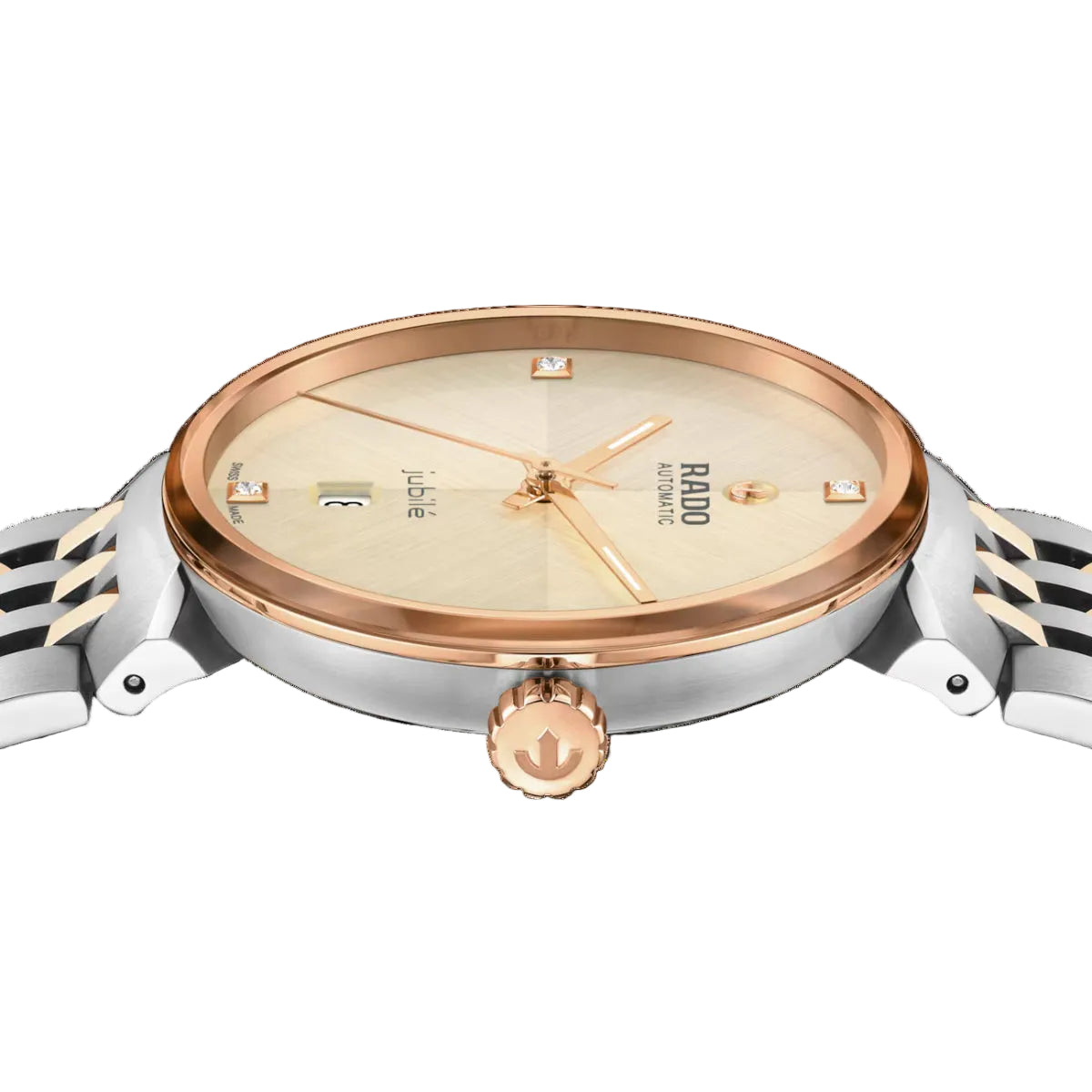 Watch with rose gold and silver design on a black background