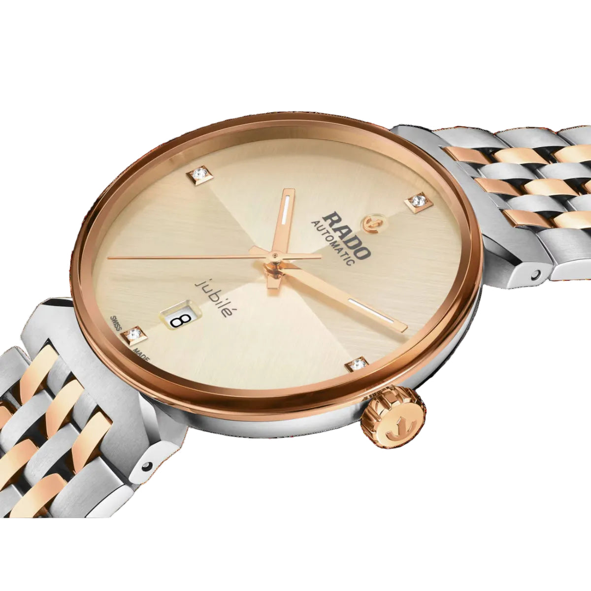 Rado watch with rose gold and silver band on black background