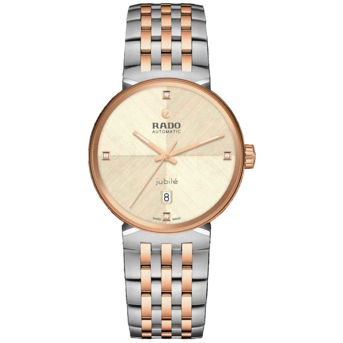 Rado watch with two-tone rose gold and silver bracelet on a black background