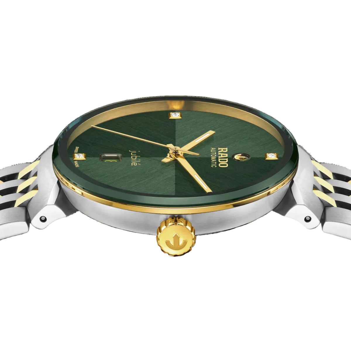 Watch with green dial and gold accents on a black background