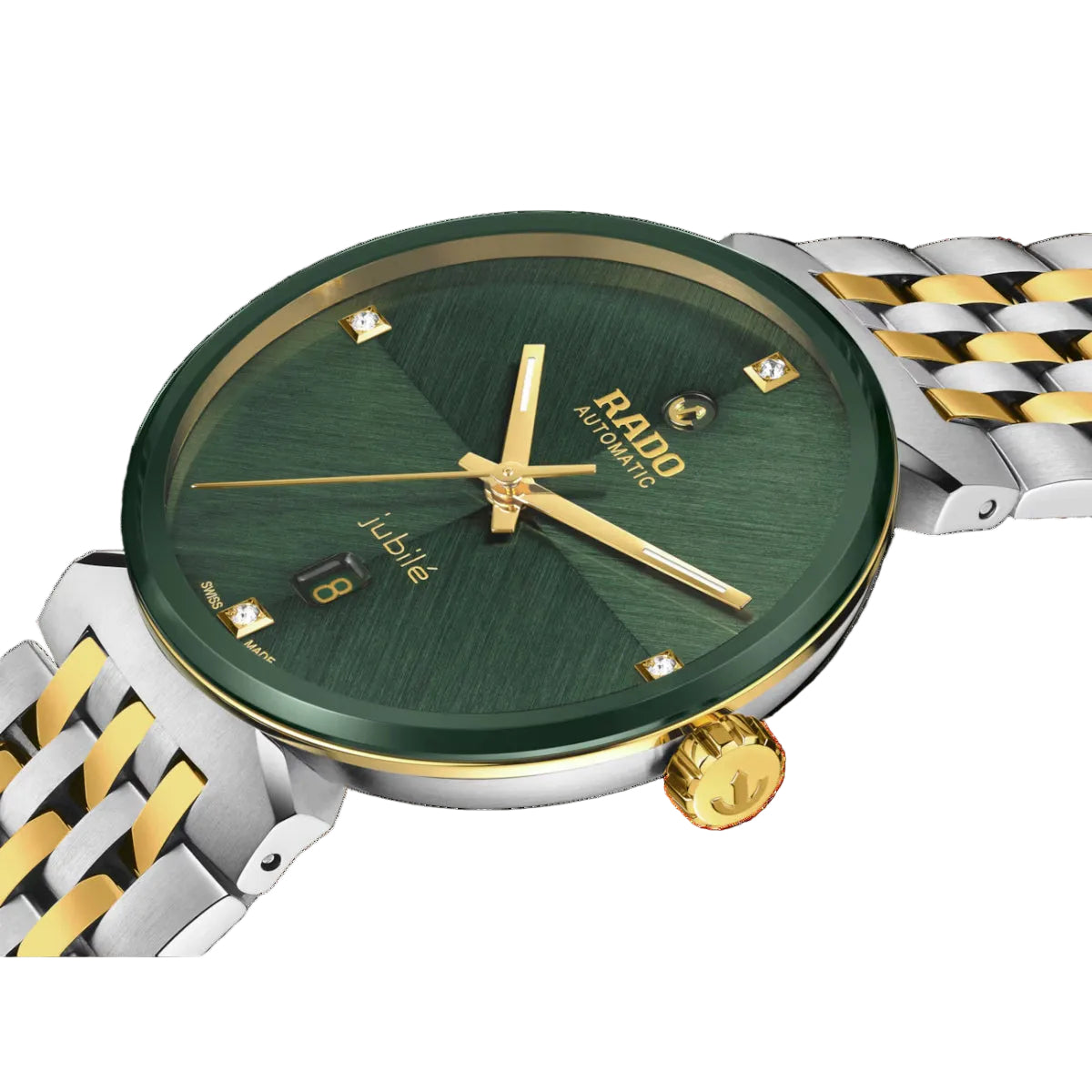 Green watch with gold accents and a silver and gold metal strap on a black background