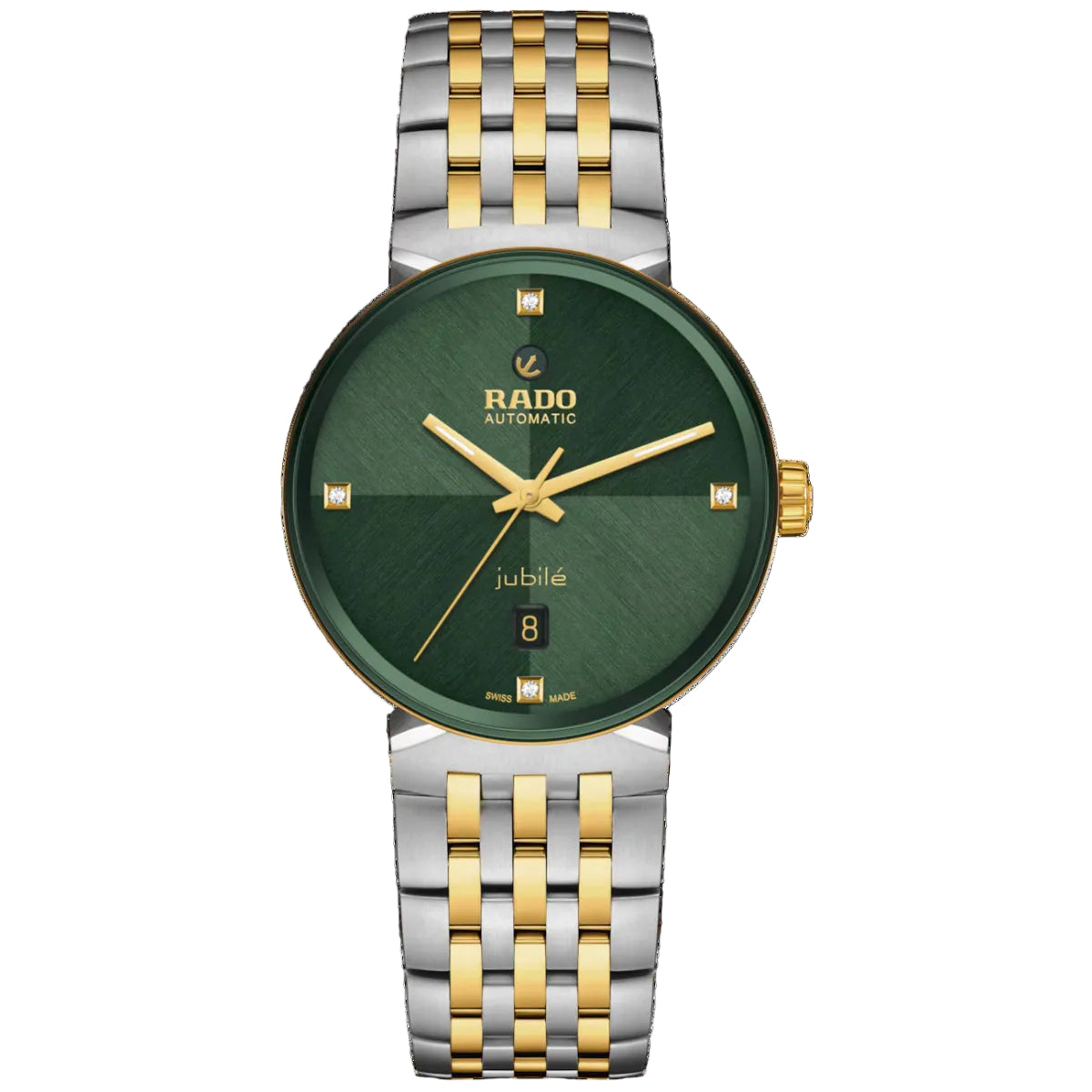 Rado watch with green dial and two-tone metal strap on a black background