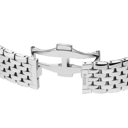 Silver watch strap with woven design on a black background