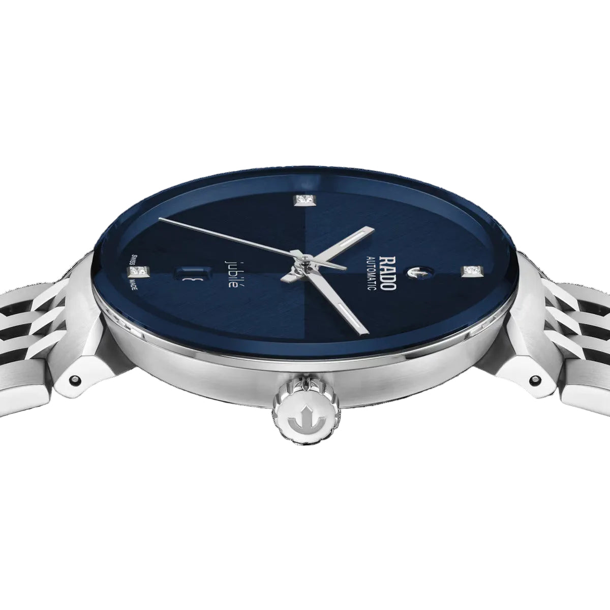Wristwatch with blue dial and silver case on a black background