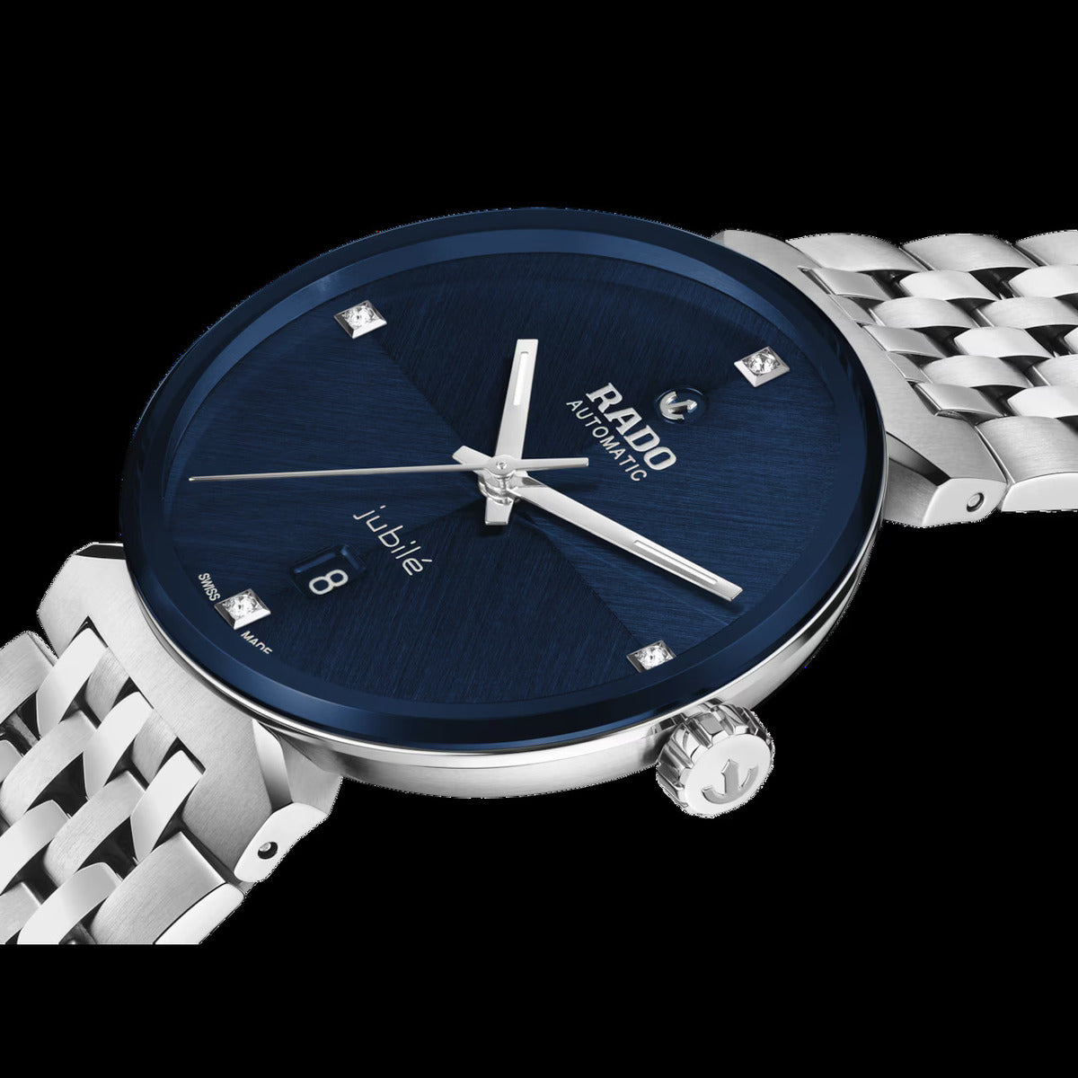 Watch with blue dial and silver bracelet on a black background