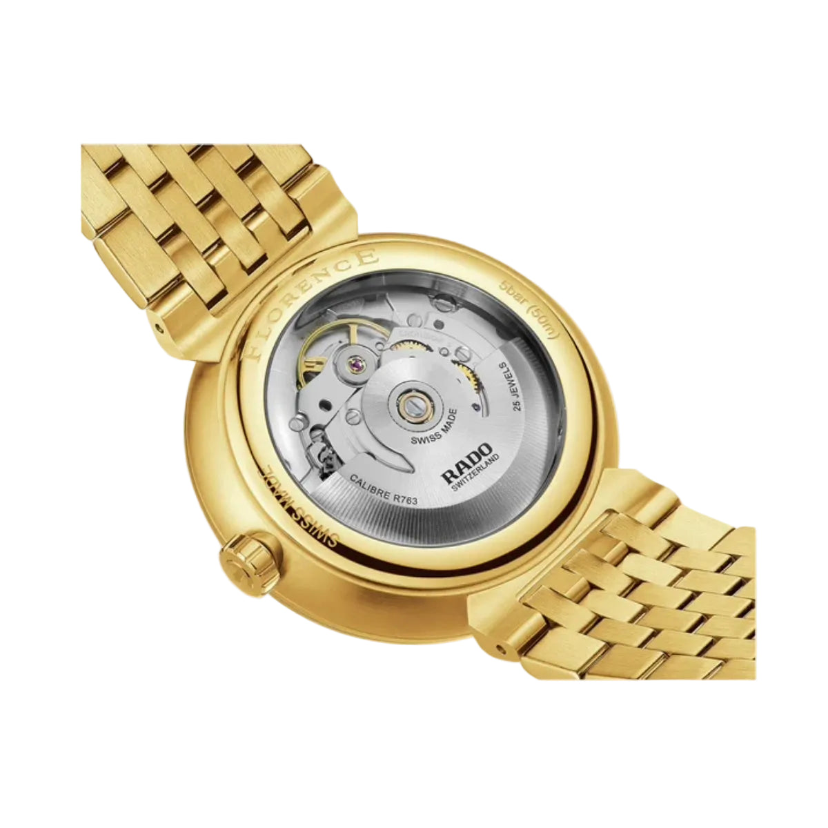 Gold watch with visible brand logo on a light gray background