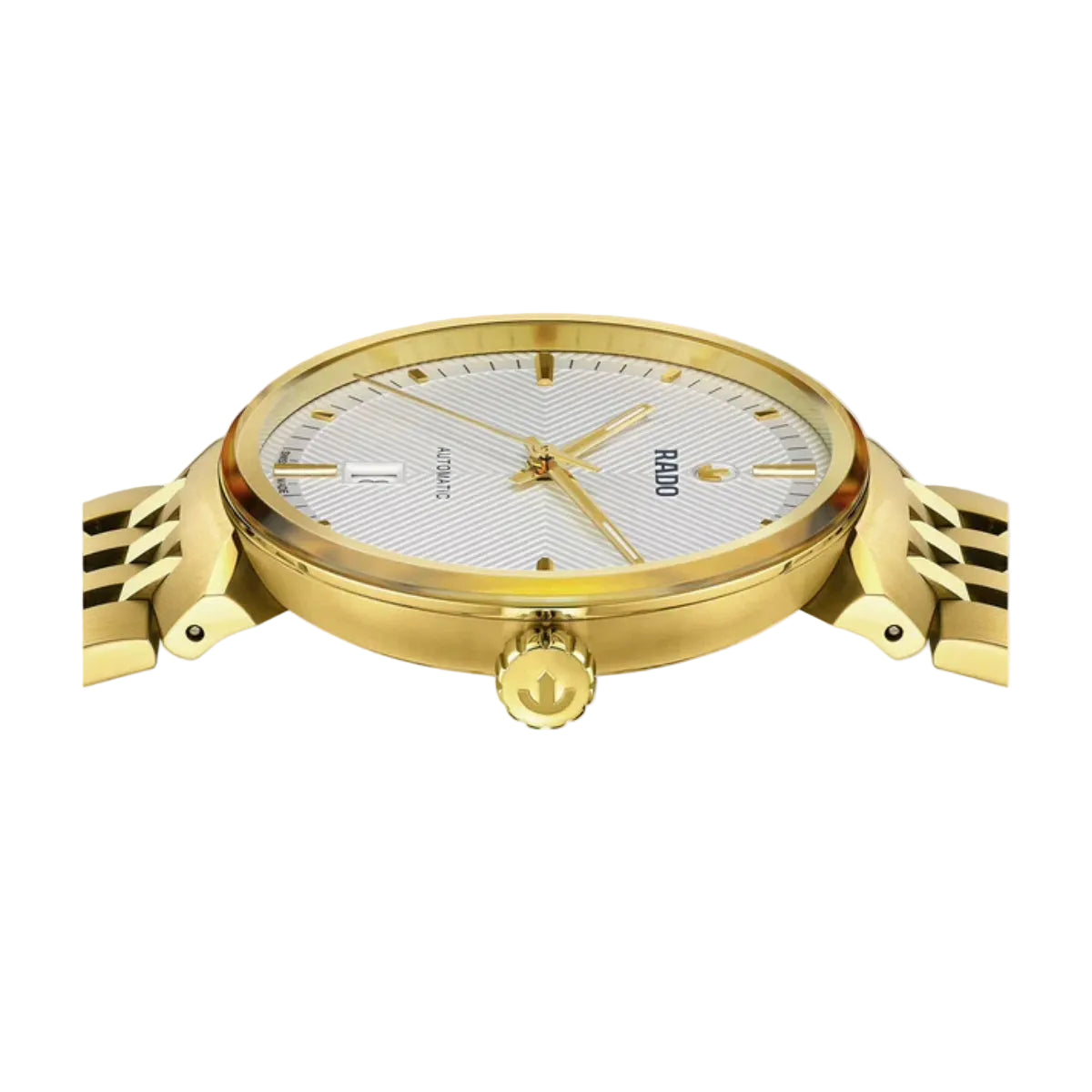 Gold watch with a white face on a light gray background