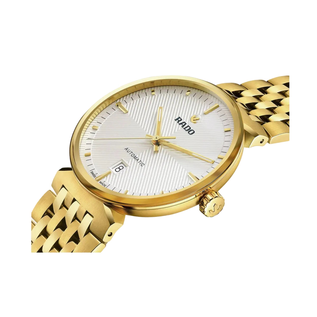 Gold wristwatch with a white face on a light gray background