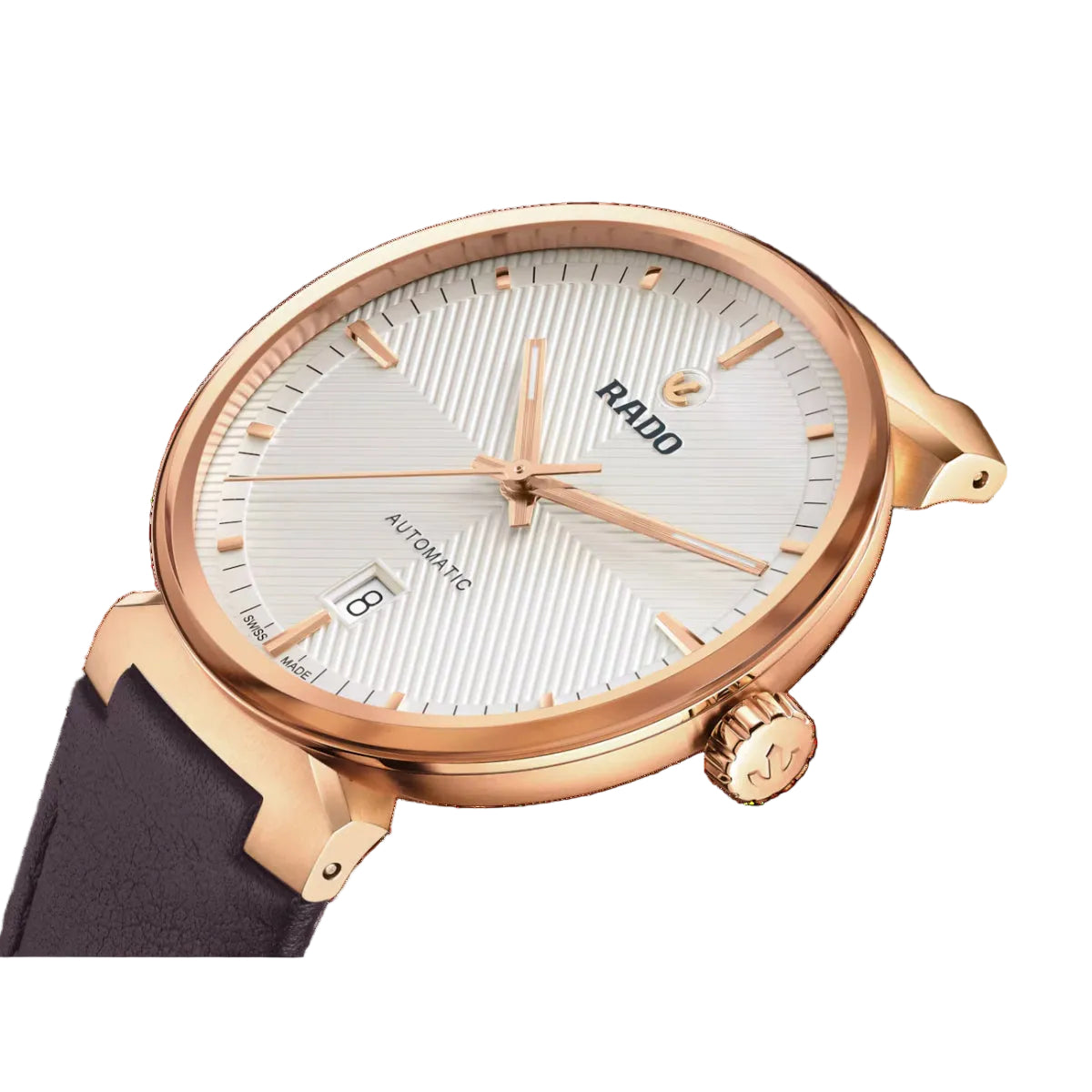 Rose gold Rado watch with a black strap on a black background