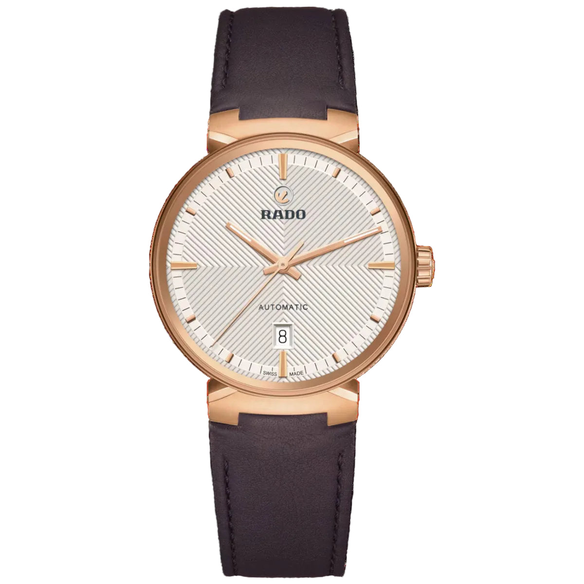 Rado watch with rose gold case and dark blue leather strap on a white background