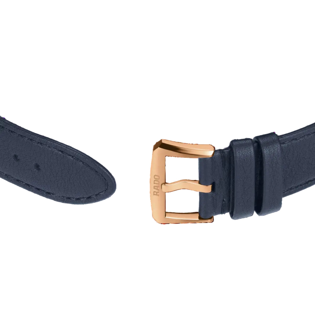 Navy leather strap with a rose gold buckle on a black background