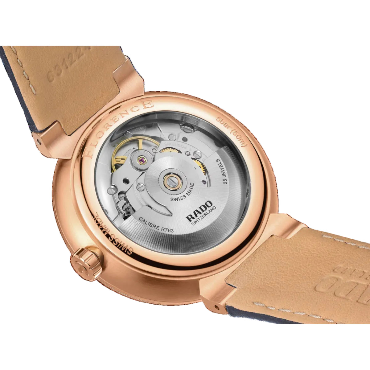 Rose gold watch with open face revealing mechanical components on a black background