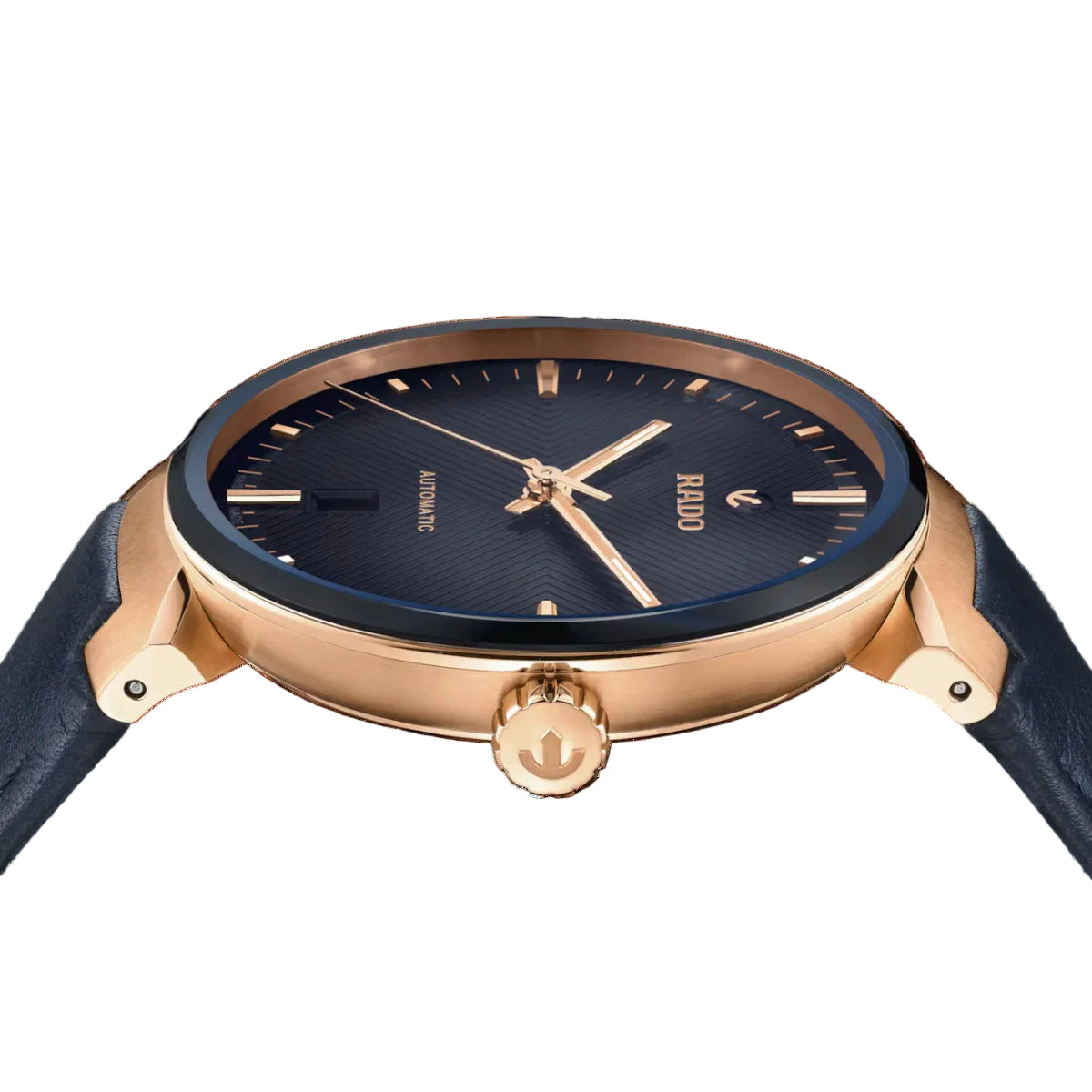 Wristwatch with blue face and rose gold case on a black background
