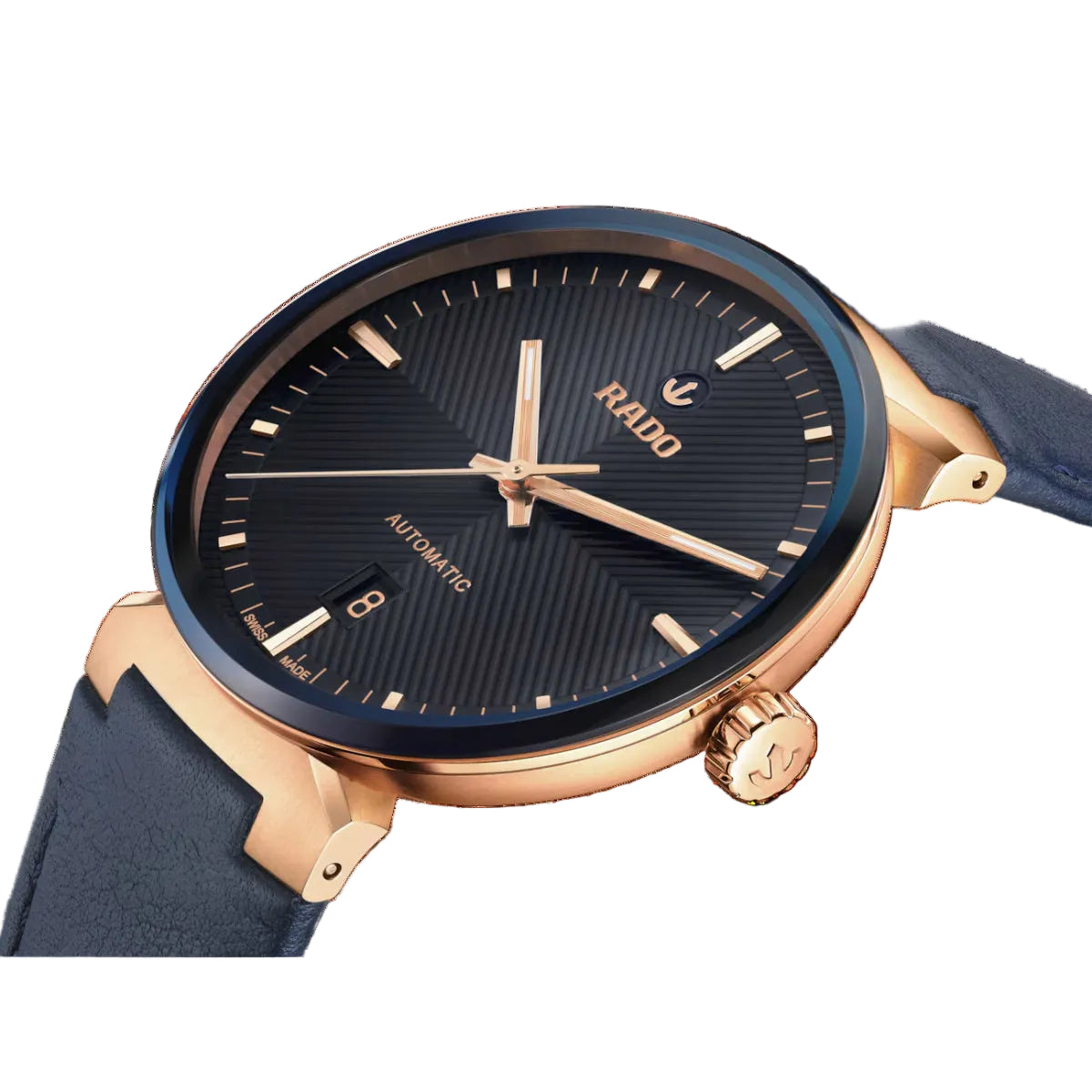 Rado watch with blue strap and rose gold case on black background
