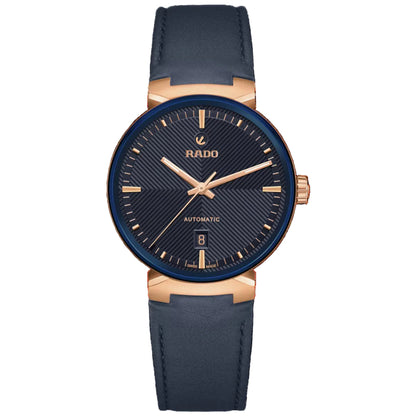 Rado watch with blue face and strap on a white background