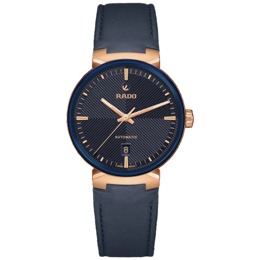 Rado watch with blue face and strap on a white background