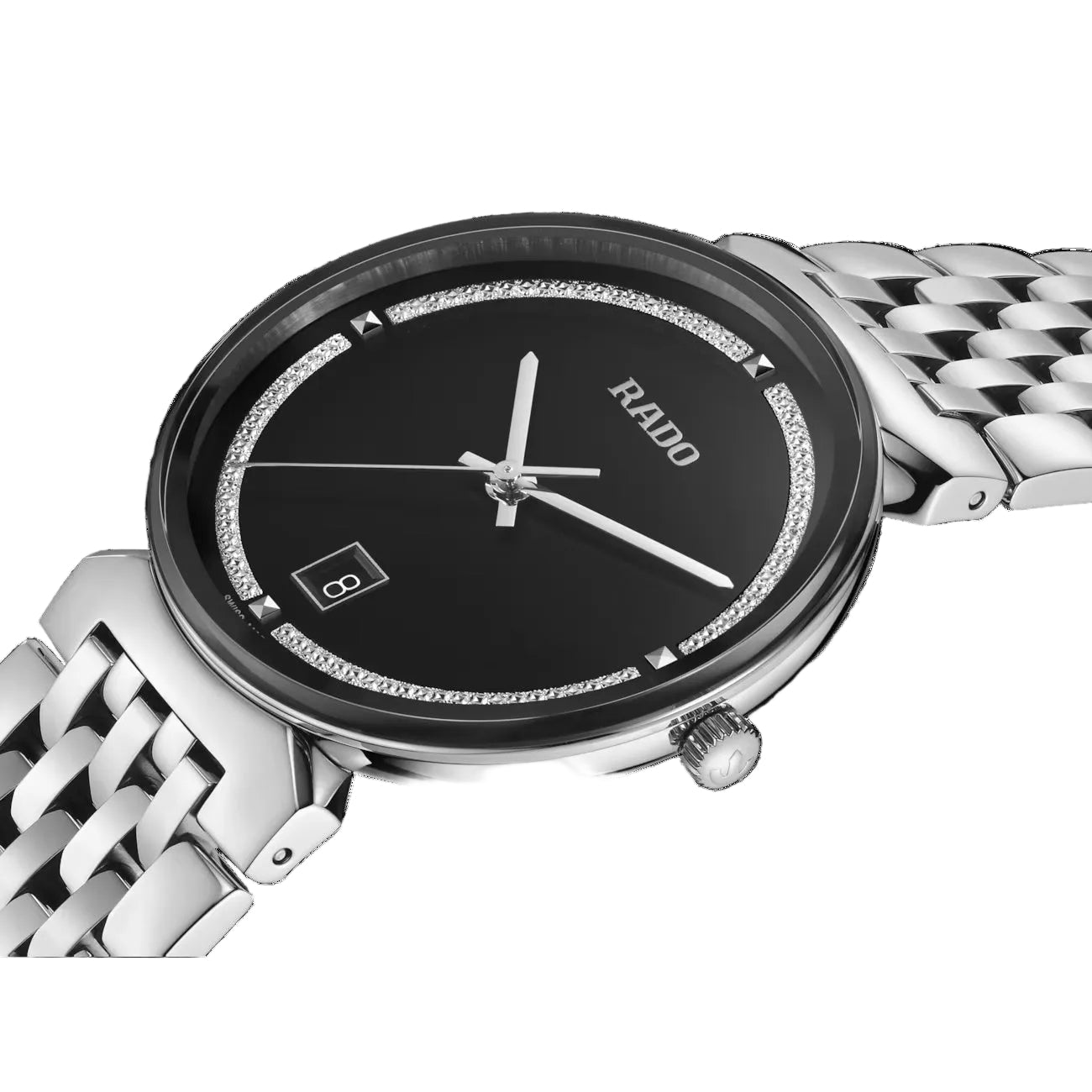 Silver Rado watch with black dial on a black background