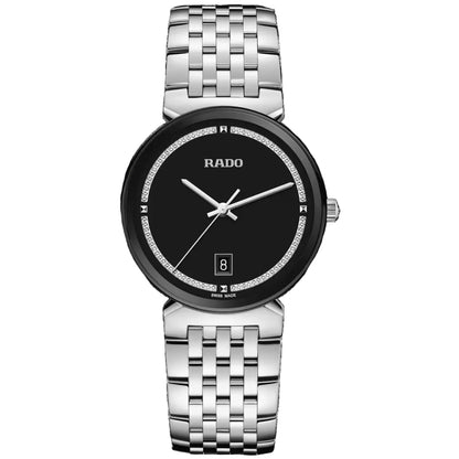 Silver Rado watch with black dial on a white background