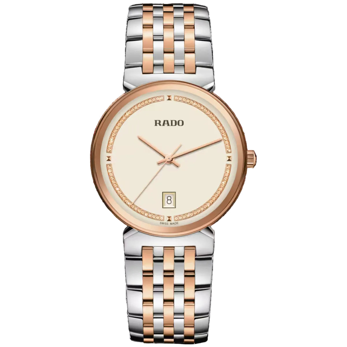 Rado watch with two-tone metal strap on a black background