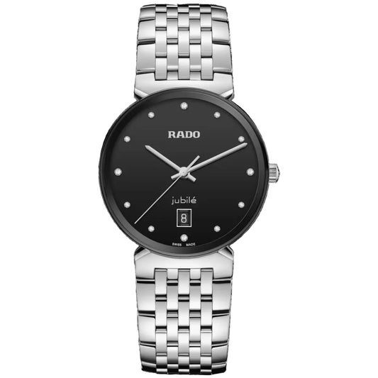 Rado watch with black dial and silver metal bracelet on a white background