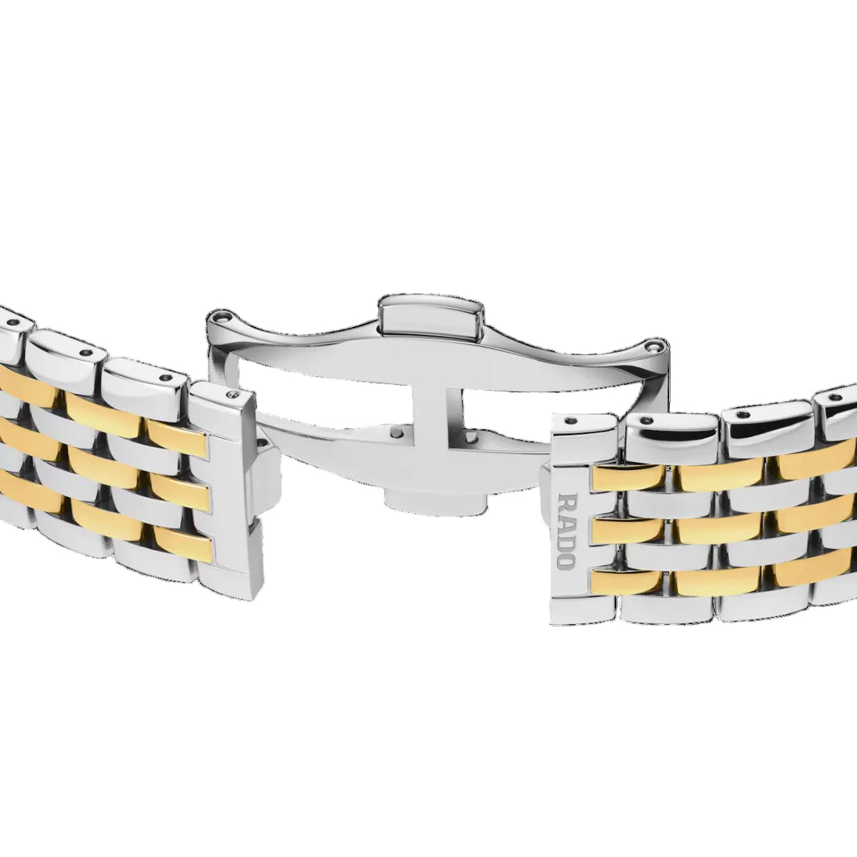 Two-tone silver and gold bracelet on a black background
