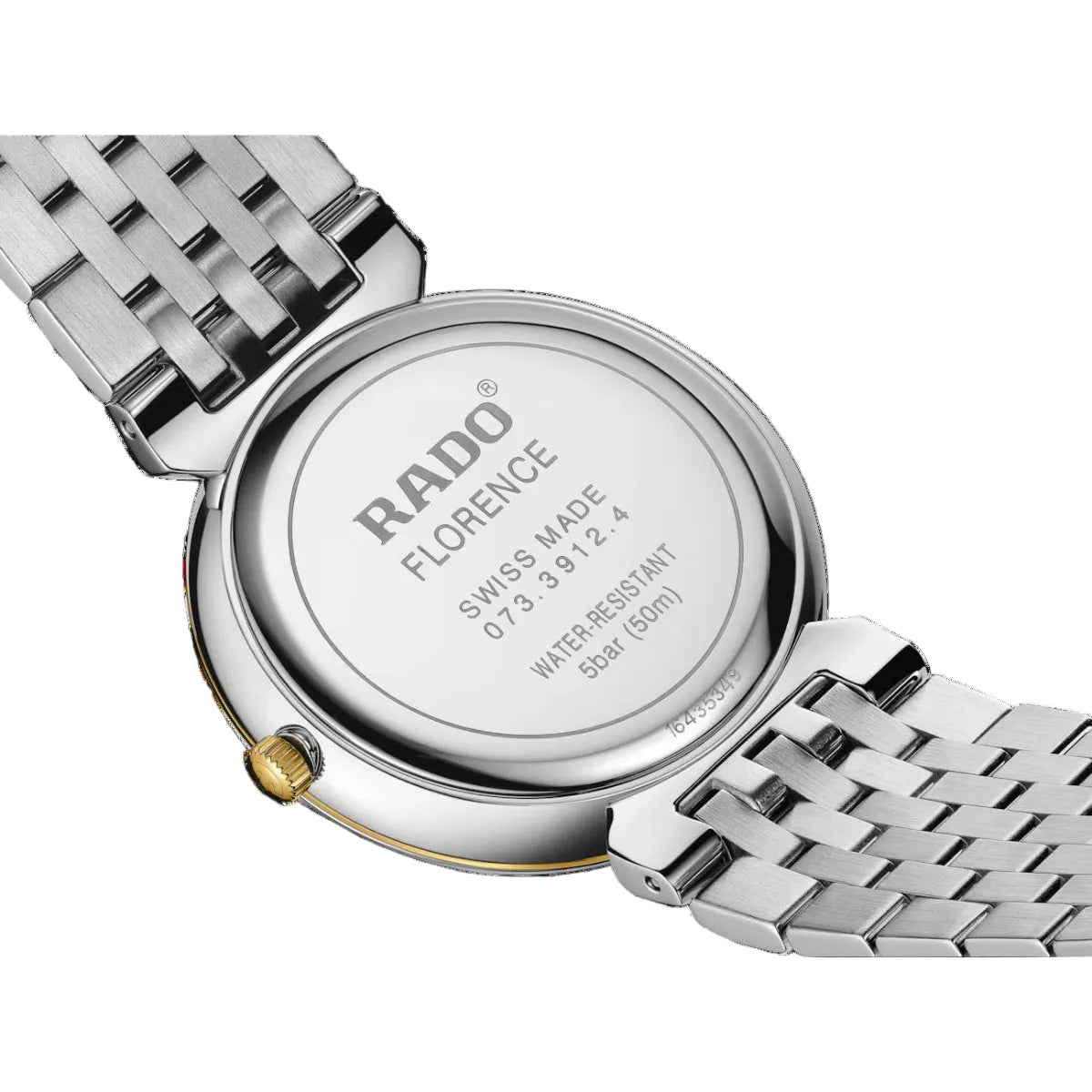 Close-up of a Rado watch with a metal bracelet on a black background