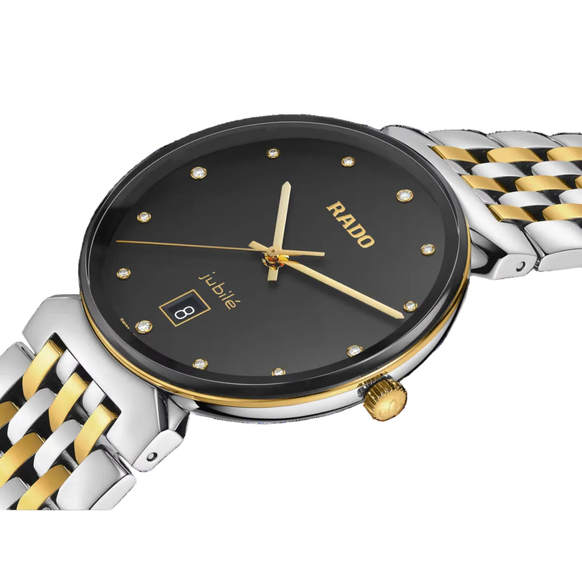 Rado watch with black dial and gold accents on a black background