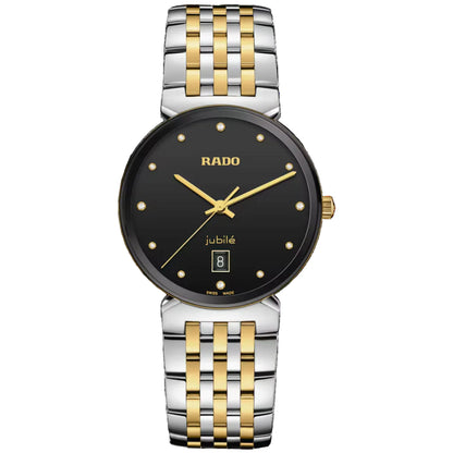 Rado watch with two-tone metal strap on a black background