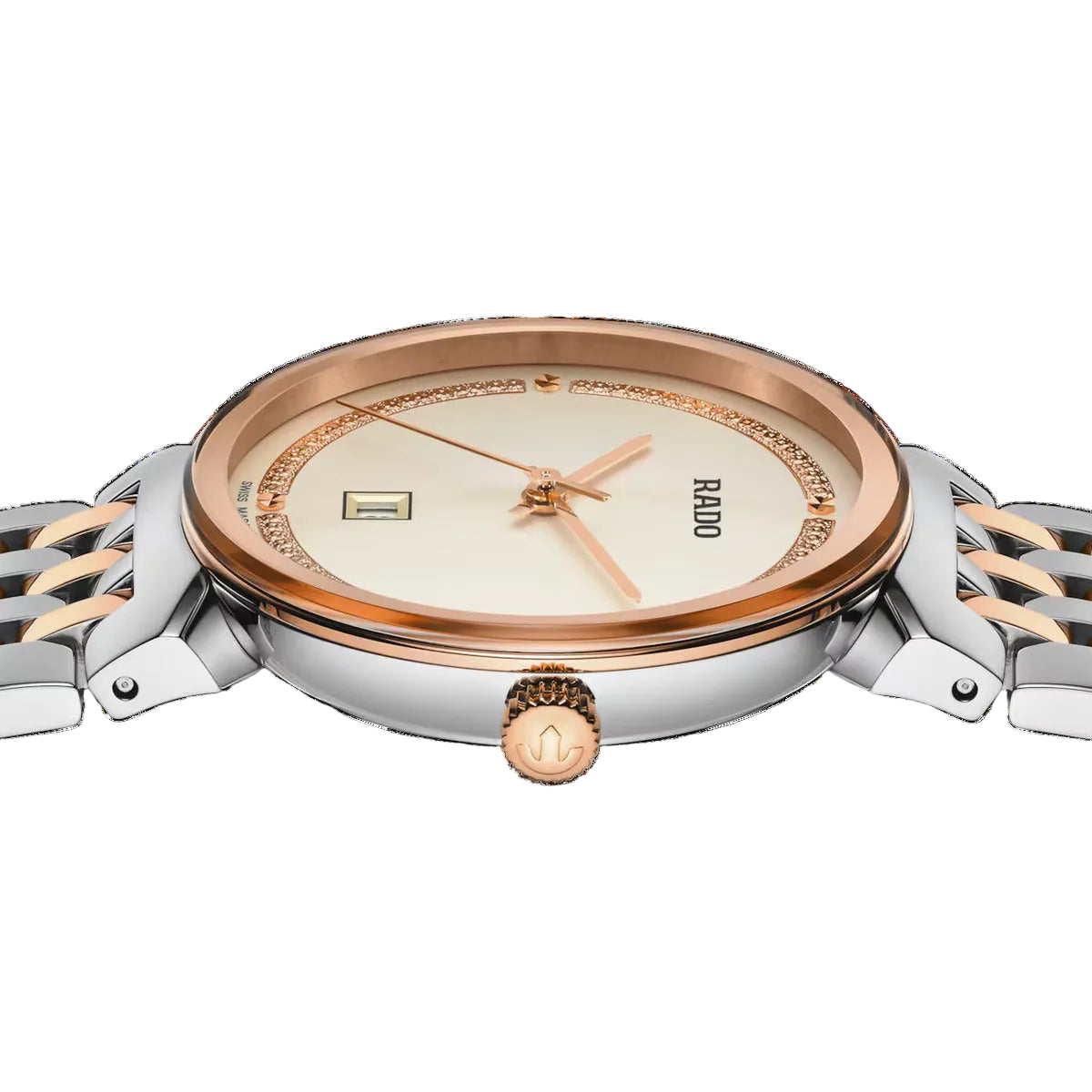 Watch with rose gold and silver design on a black background