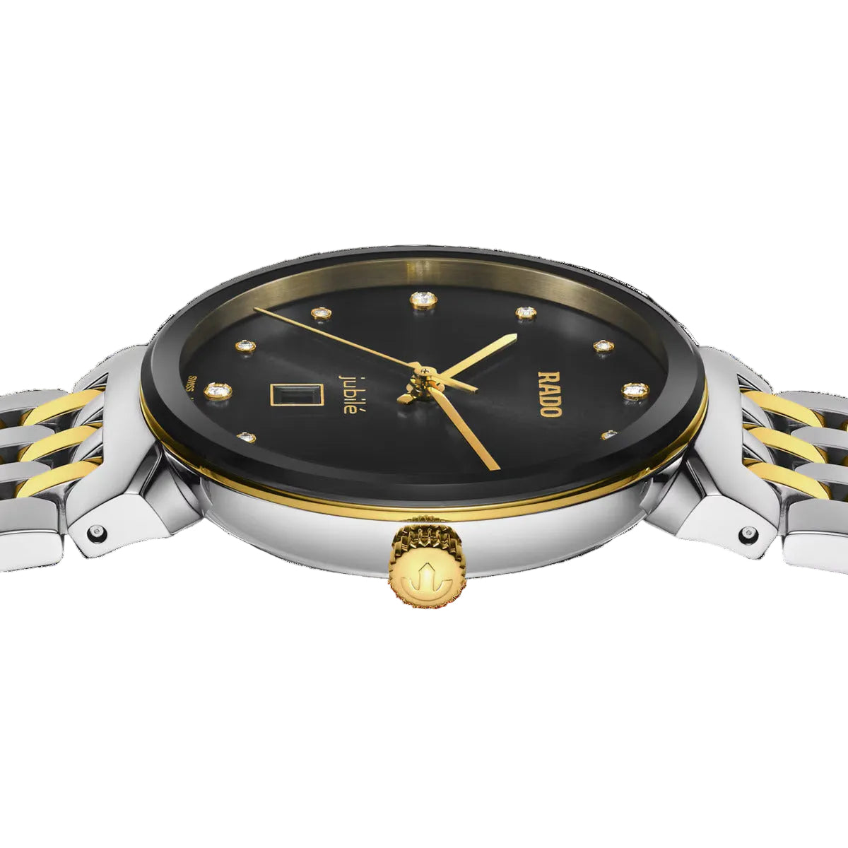 Watch with black dial, gold accents, and silver case on a white background