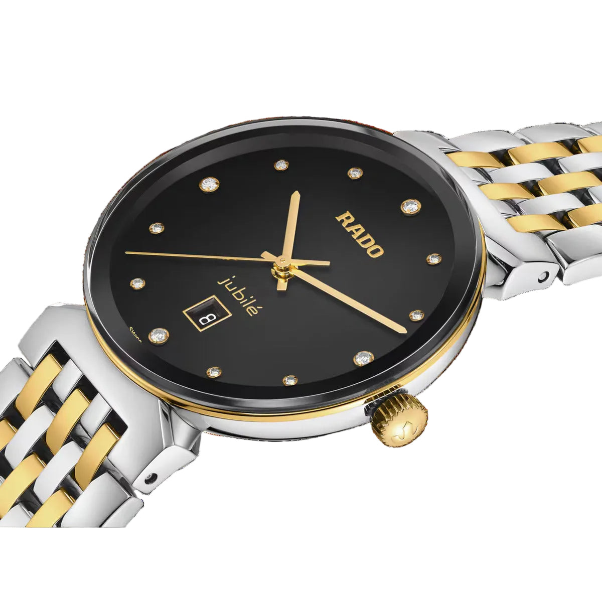 Rado watch with black dial and gold accents on a white background