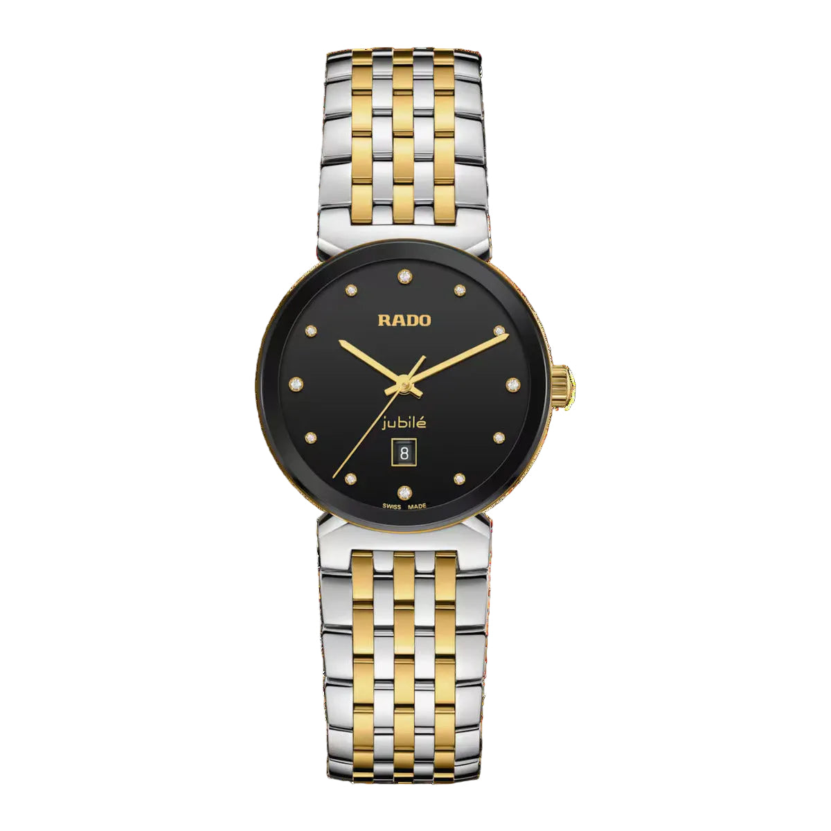Rado watch with two-tone gold and silver bracelet on a black background