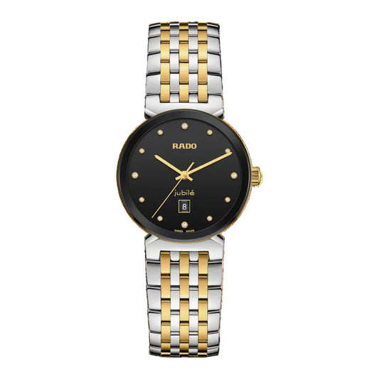 Rado watch with two-tone gold and silver bracelet on a black background