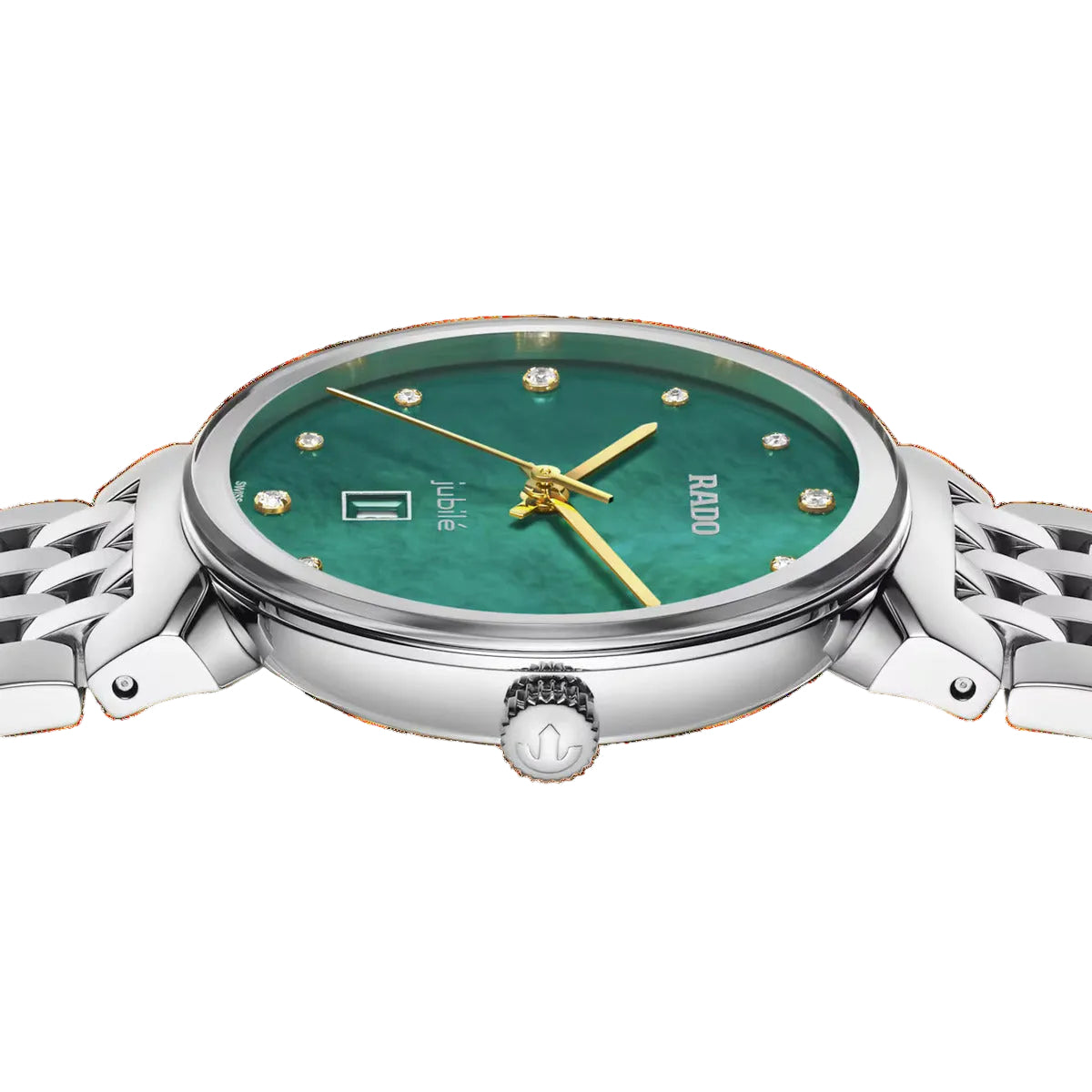 Watch with green face and silver case on a white background