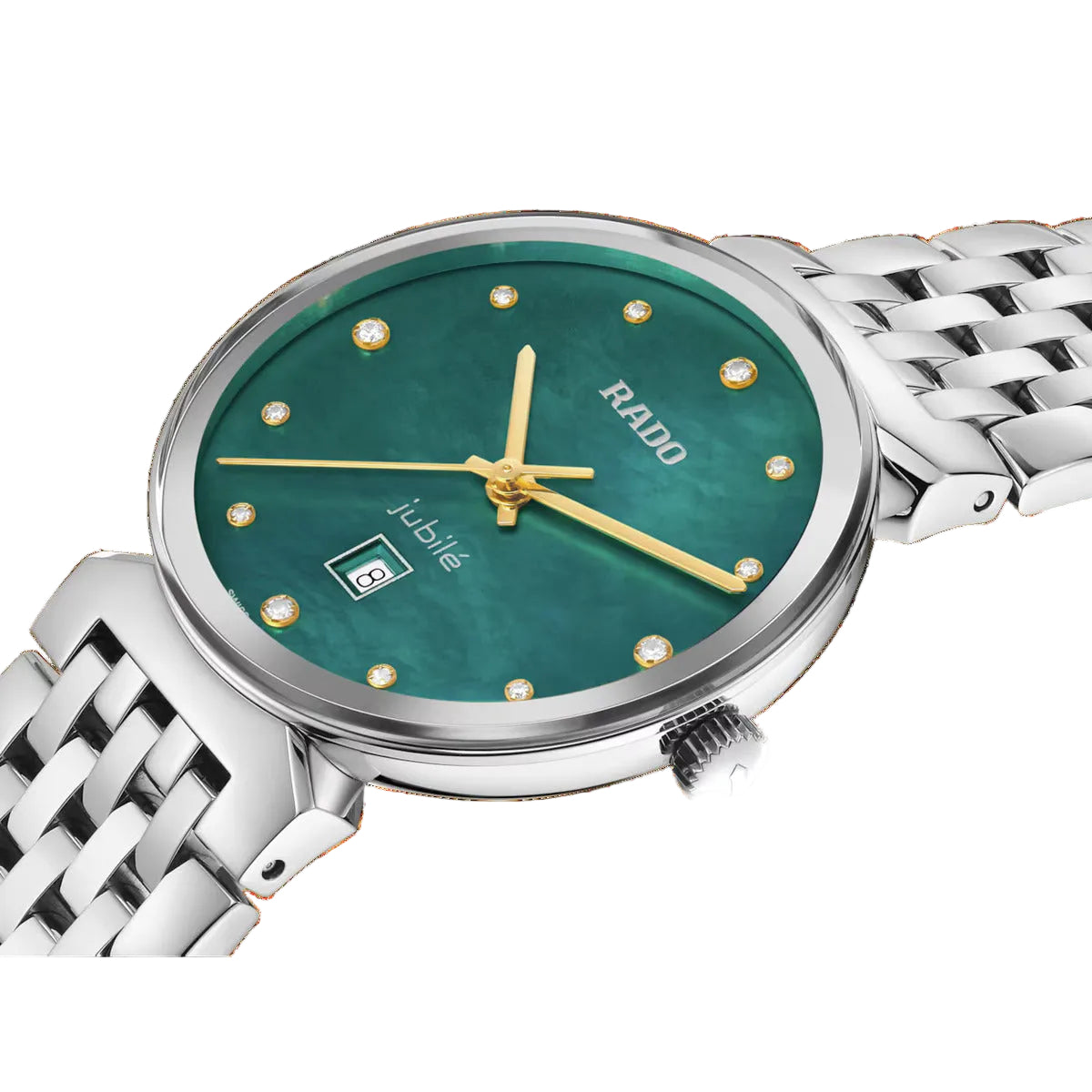 Silver Rado watch with green dial on a black background