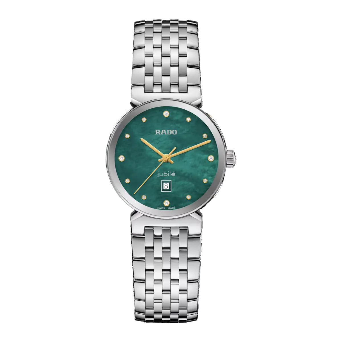 Silver Rado watch with a green face on a black background