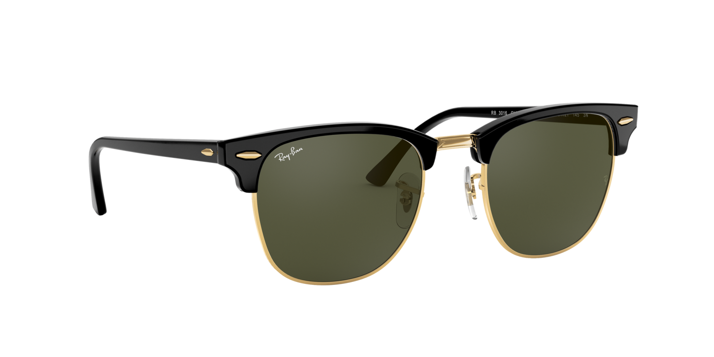 Ray-Ban Clubmaster Classic RB3016 W0365 – Black & Gold Frame, Green G-15 Lens, 51mm